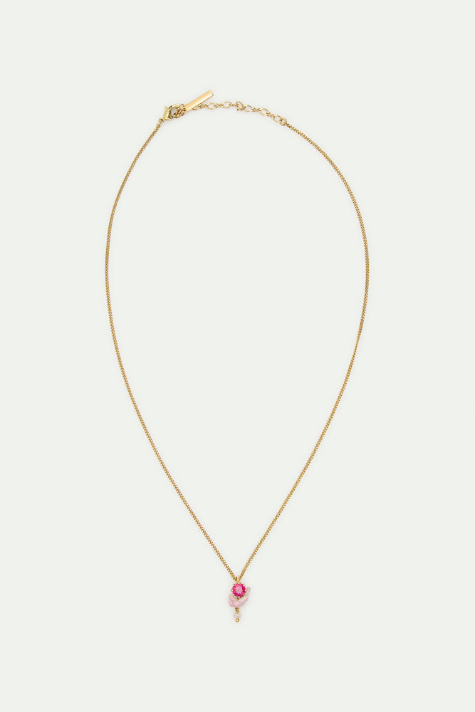 Cut Glass, Pink Wisteria and White Faceted Crystal Bead Pendant Necklace