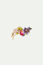 Brooch with Purple Clematis, Two-Tone Faceted Glass, Ivy Pink and Purple Wisteria and Dangling Faceted Crystal Beads