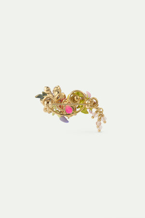 Brooch with Purple Clematis, Two-Tone Faceted Glass, Ivy Pink and Purple Wisteria and Dangling Faceted Crystal Beads