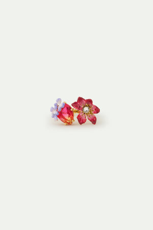 Pink Clementis, Faceted Glass and Purple Wisteria Adjustable Ring