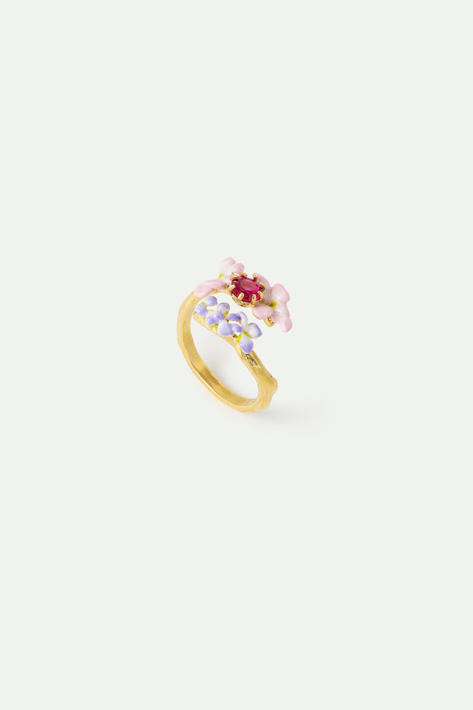 Faceted Pink Glass and Purple and Pink Wisteria Adjustable Ring
