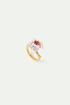 Faceted Pink Glass and Purple and Pink Wisteria Adjustable Ring