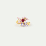 Faceted Pink Glass and Purple and Pink Wisteria Adjustable Ring