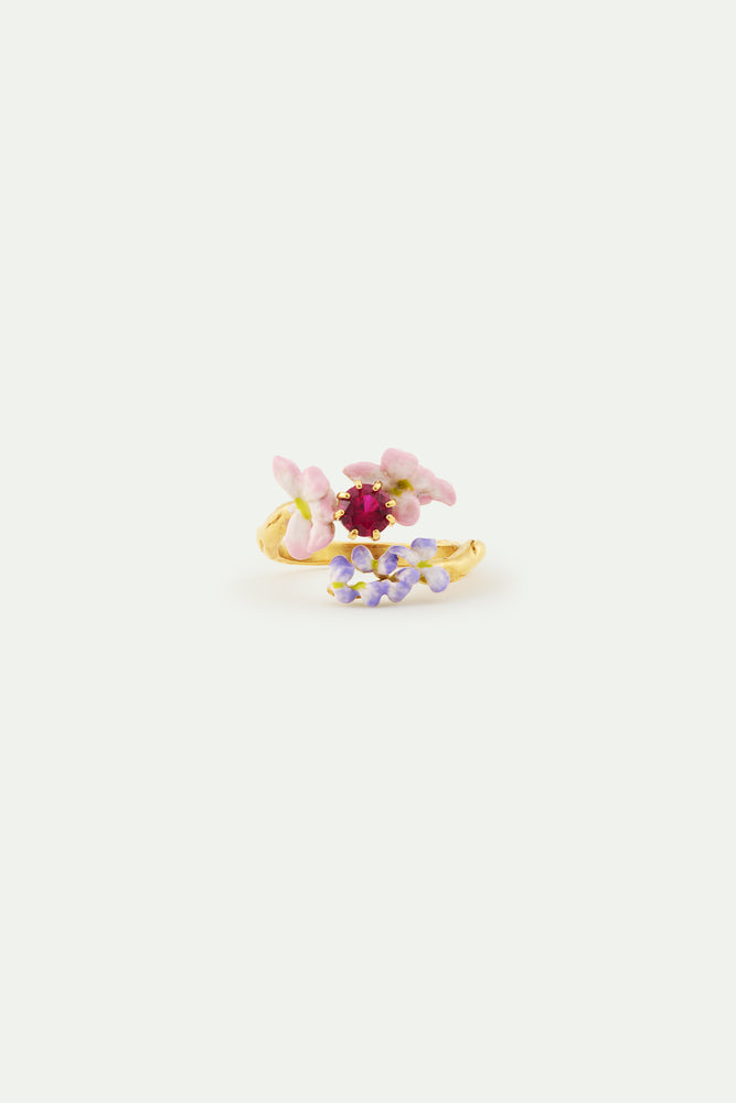 Faceted Pink Glass and Purple and Pink Wisteria Adjustable Ring