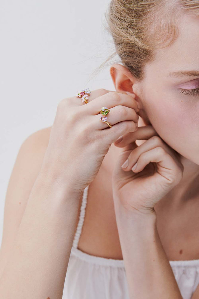 Faceted Pink Glass and Purple and Pink Wisteria Adjustable Ring