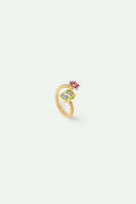 Purple Clematis and Green Emerald-Cut Crystal Adjustable Ring