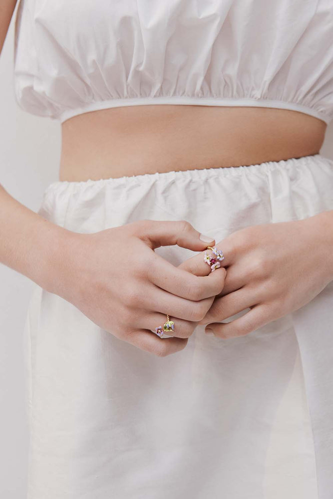 Purple Clematis and Green Emerald-Cut Crystal Adjustable Ring