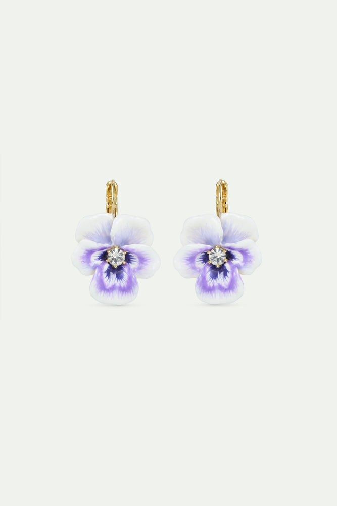 Purple Pansy and Cut Crystal Sleeper Earrings