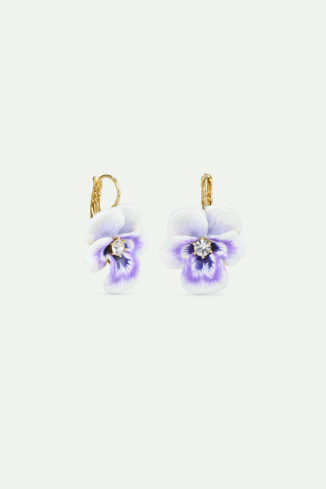 Purple Pansy and Cut Crystal Sleeper Earrings
