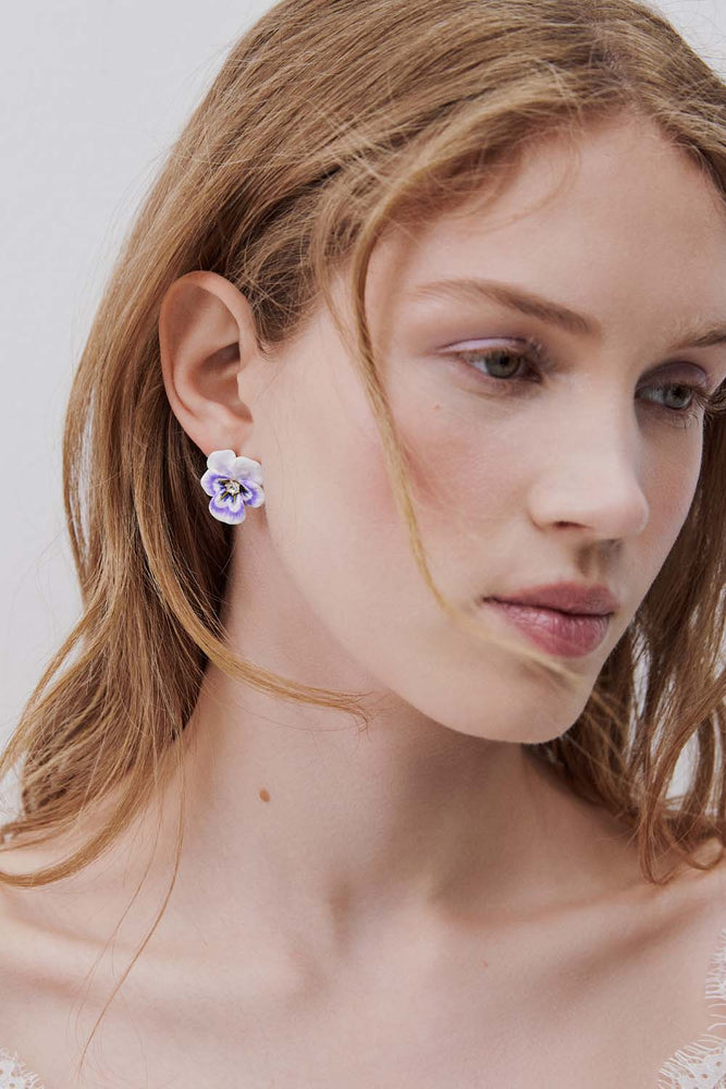 Purple Pansy and Cut Crystal Clip-On Earrings