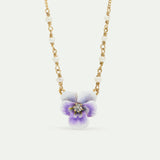 Purple Pansy and Cut Crystal Pendant Necklace