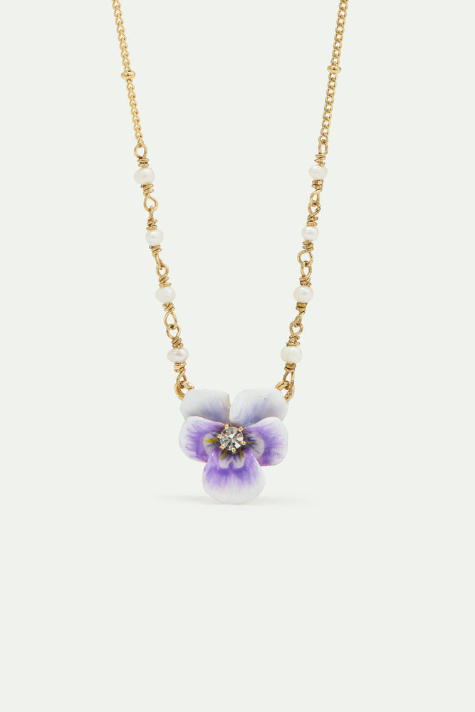 Purple Pansy and Cut Crystal Pendant Necklace