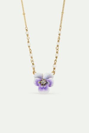 Purple Pansy and Cut Crystal Pendant Necklace