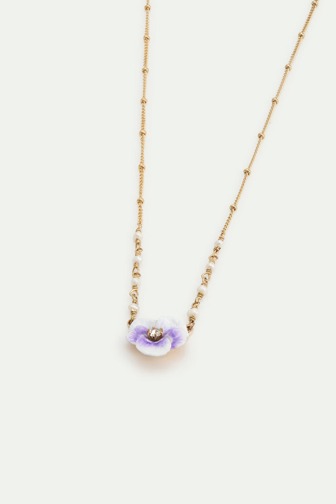 Purple Pansy and Cut Crystal Pendant Necklace