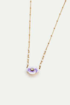 Purple Pansy and Cut Crystal Pendant Necklace