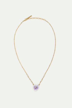 Purple Pansy and Cut Crystal Pendant Necklace