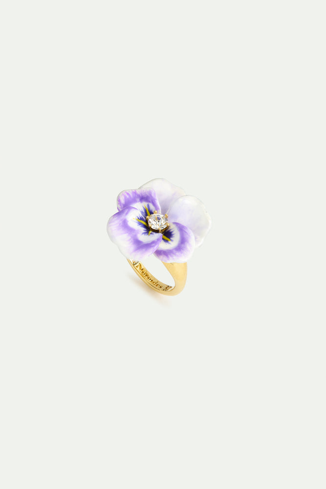 Purple Pansy and Cut Crystal Cocktail Ring