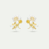 Large White Clematis, Laurel and Japanese Kerria Clip-On Earrings