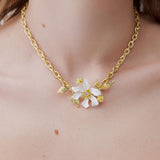 Large White Clematis Flower - Japanese Kerria and Laurel Necklace