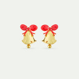N2 Gold Bell Post Earrings, with Red Bow and Faceted Red Stone