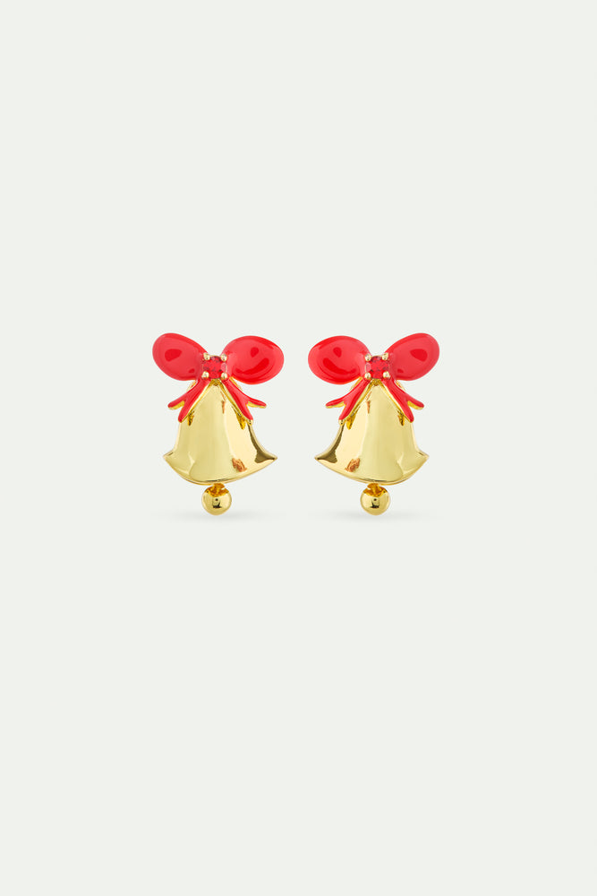 N2 Gold Bell Post Earrings, with Red Bow and Faceted Red Stone