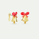 N2 Gold Bell Post Earrings, with Red Bow and Faceted Red Stone