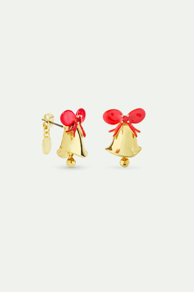 N2 Gold Bell Post Earrings, with Red Bow and Faceted Red Stone