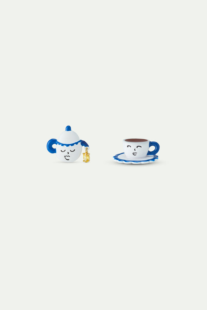 N2 Asymmetric Post Earrings with Blue and White Teapot and Little Yellow Stone