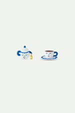 N2 Asymmetric Post Earrings with Blue and White Teapot and Little Yellow Stone