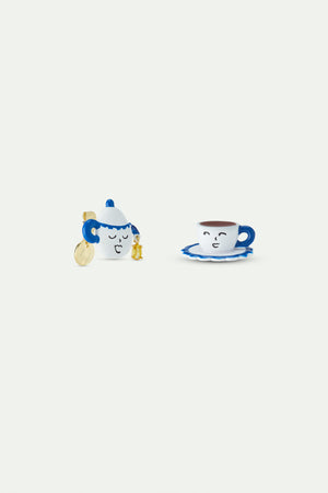 N2 Asymmetric Post Earrings with Blue and White Teapot and Little Yellow Stone