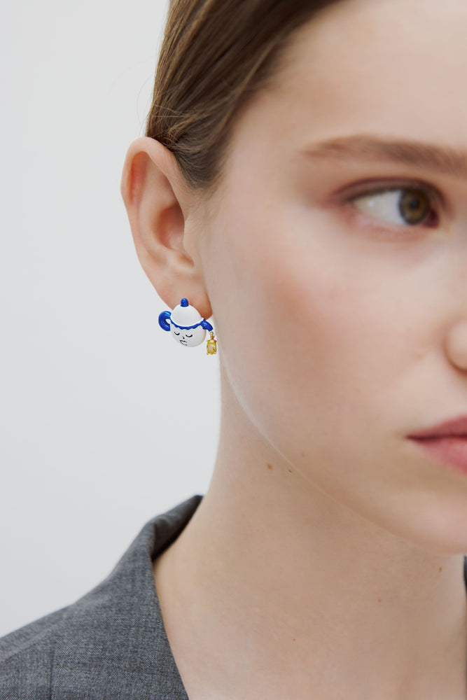 N2 Asymmetric Post Earrings with Blue and White Teapot and Little Yellow Stone