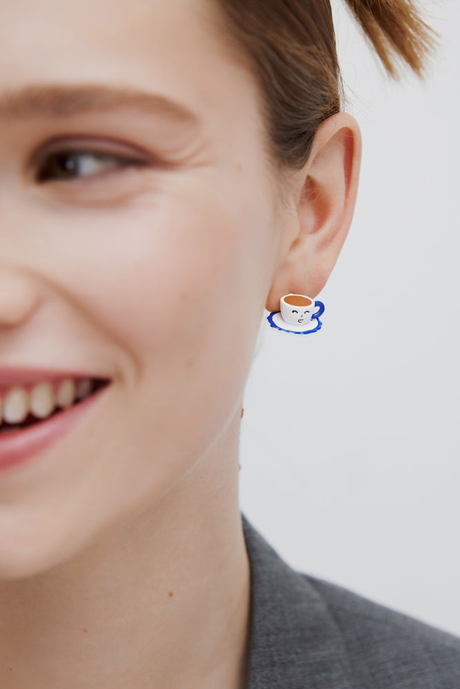 N2 Asymmetric Post Earrings with Blue and White Teapot and Little Yellow Stone