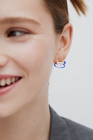 N2 Asymmetric Post Earrings with Blue and White Teapot and Little Yellow Stone