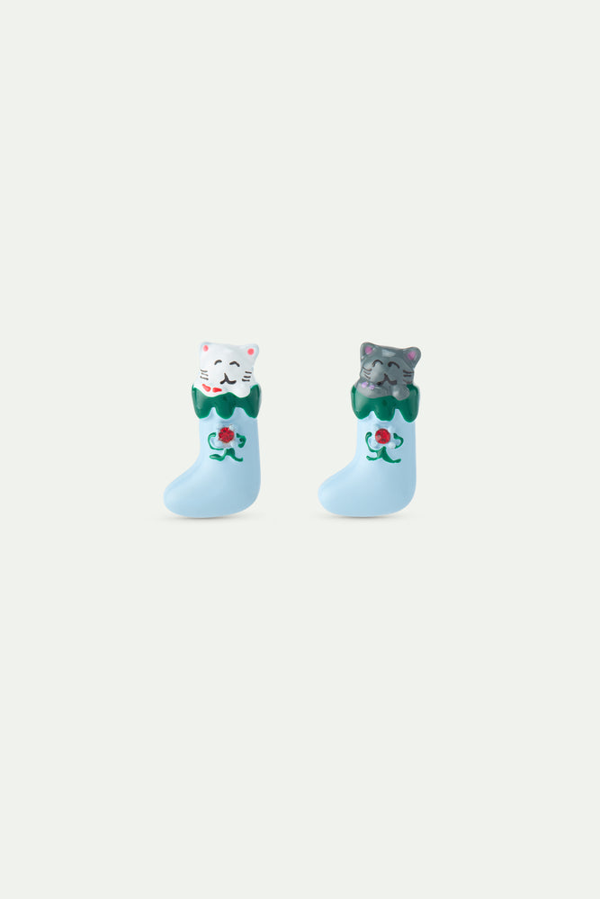 N2 Christmas Stocking Post Earrings with White and Grey Cats and Red Faceted Crystal