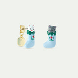N2 Christmas Stocking Post Earrings with White and Grey Cats and Red Faceted Crystal