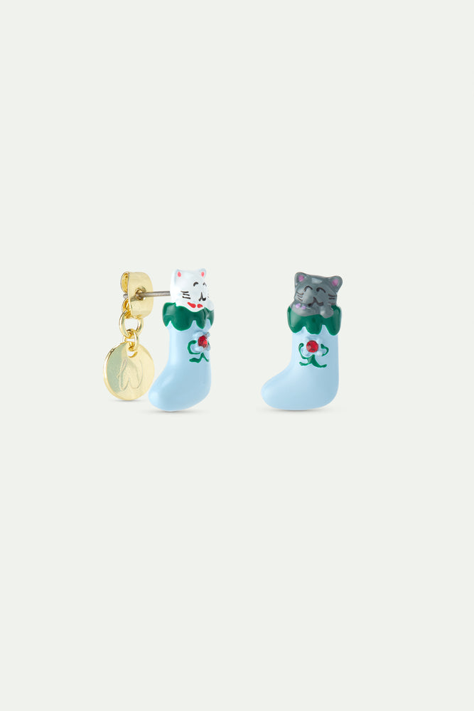 N2 Christmas Stocking Post Earrings with White and Grey Cats and Red Faceted Crystal