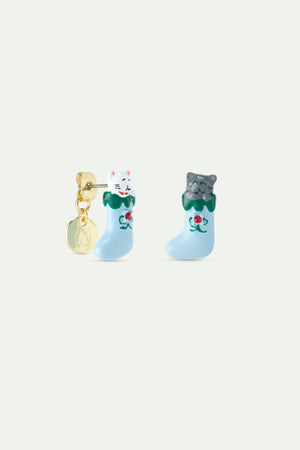 N2 Christmas Stocking Post Earrings with White and Grey Cats and Red Faceted Crystal