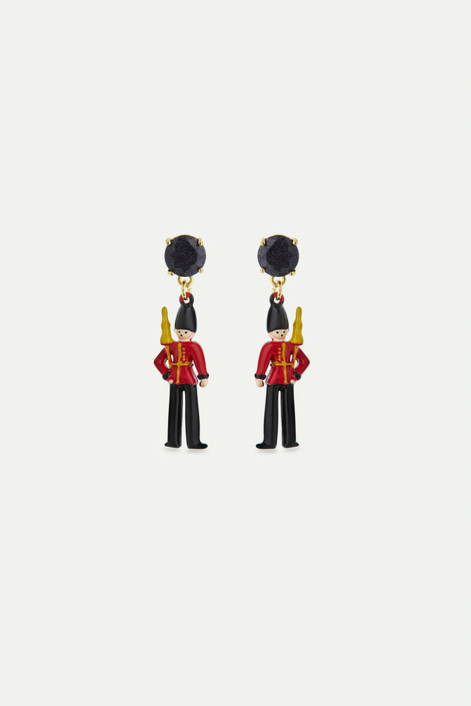 N2 Post Earrings with Black and Red King's Guards and Black Faceted Glass