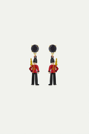 N2 Post Earrings with Black and Red King's Guards and Black Faceted Glass