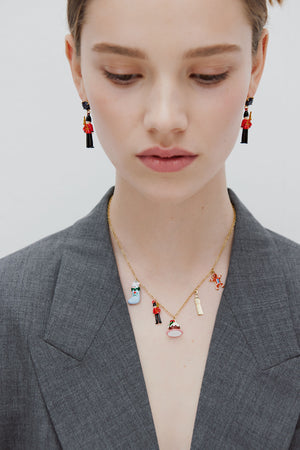 N2 Post Earrings with Black and Red King's Guards and Black Faceted Glass