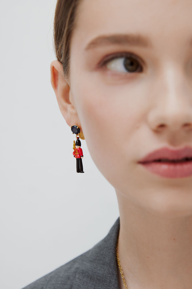 N2 Post Earrings with Black and Red King's Guards and Black Faceted Glass