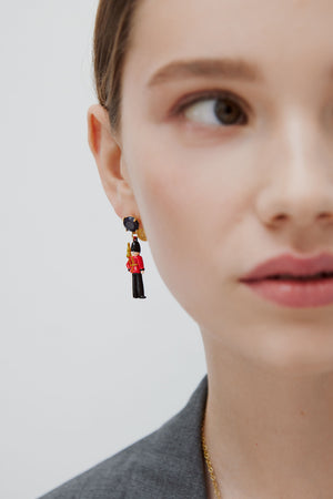 N2 Post Earrings with Black and Red King's Guards and Black Faceted Glass
