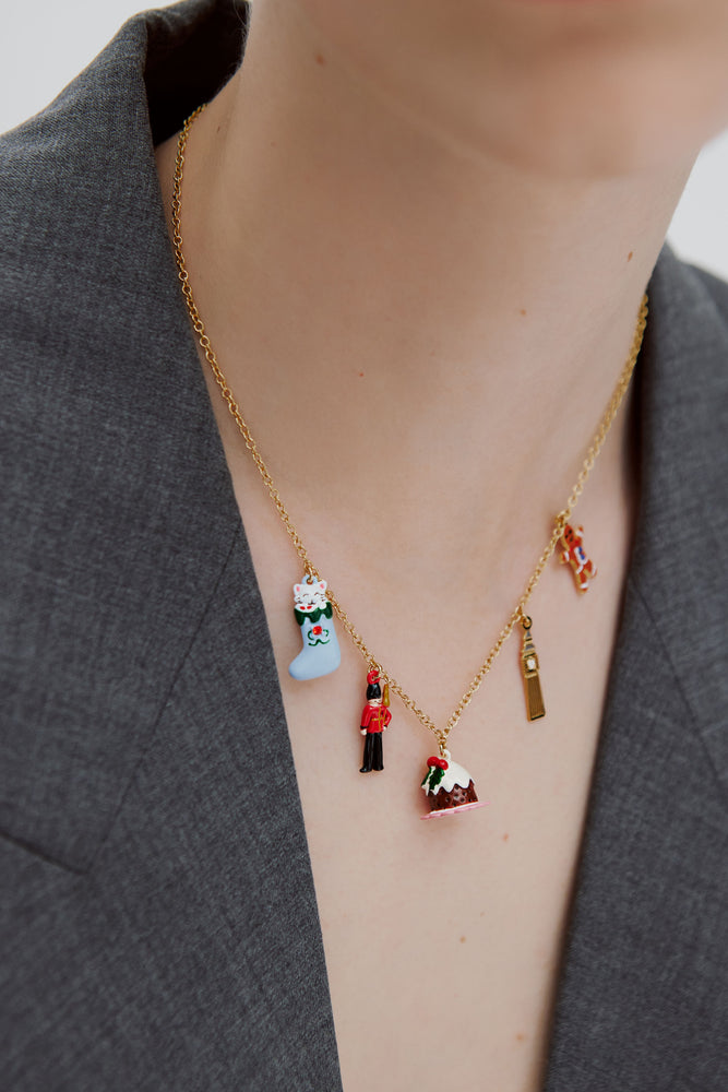 N2 Christmas Stocking, King's Guard, Christmas Pudding, Big Ben and Gingerbread Man Charm Necklace