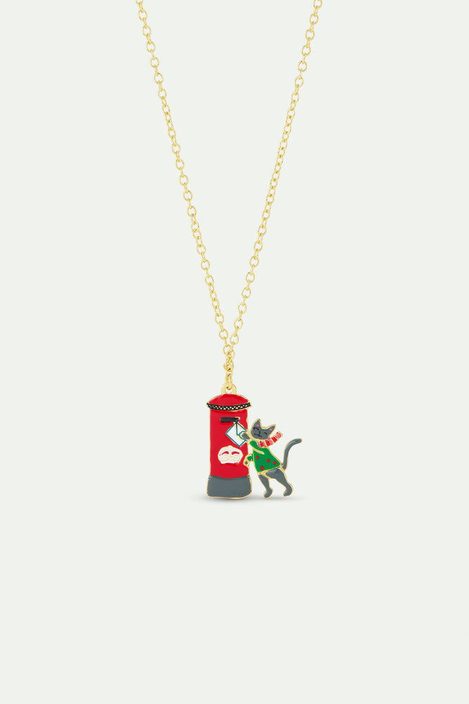 N2 Pendant Necklace with London Red Postbox, Card, Grey Cat and Green Jumper
