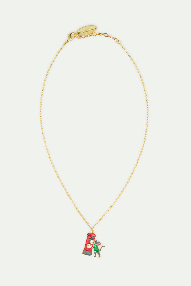 N2 Pendant Necklace with London Red Postbox, Card, Grey Cat and Green Jumper