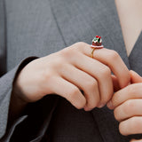 N2 Adjustable Ring with Pudding and Red Faceted Crystal Bead