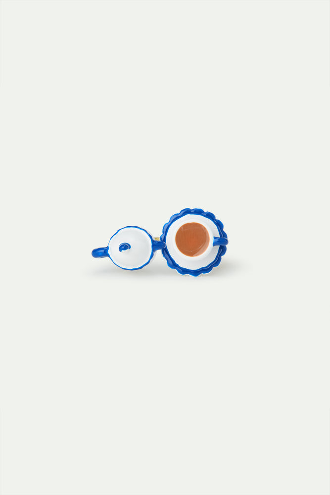 N2 Adjustable Ring with Blue and White Teapot and Yellow Rhinestone