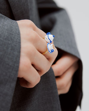 N2 Adjustable Ring with Blue and White Teapot and Yellow Rhinestone
