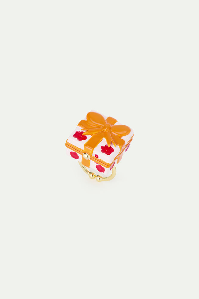 N2 Adjustable ring with Pink Gift Box, Red Flower and Orange Bow