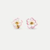 Asymmetrical Post Earrings with White and Pink Cosmos Flower and Gold Bee